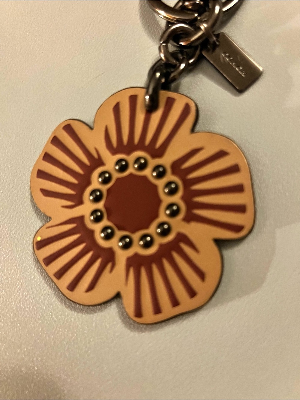 Coach Leather Tea Rose Flower Charm Keychain Gunmetal Studded Floral - Picture 3 of 14